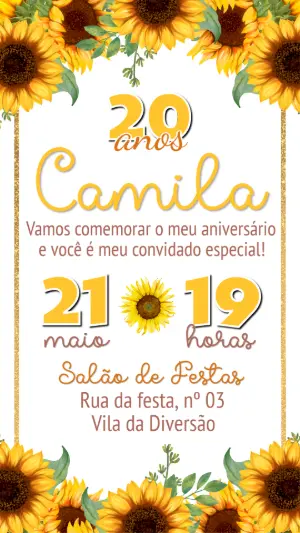 Convite de Aniversário Digital Tema Girassol para Editar