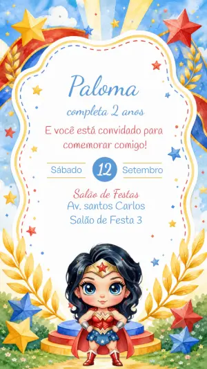 Convite de Aniversário Mulher-Maravilha Fofa para Editar Online