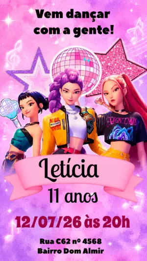 Convite de Aniversário Guerreiras do K-Pop para Editar