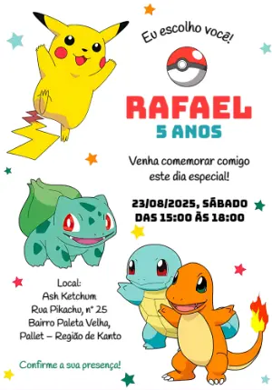 Convite de Aniversário Pokémon com Personagens para Editar