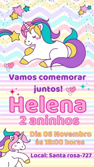 Convite de Aniversário Unicórnio Fofo e Colorido para Editar