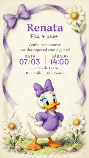 Convite Aniversário Margarida Clássica Lilás Editável