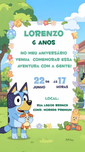 Convite de Aniversário Bluey e Bingo para Editar Online