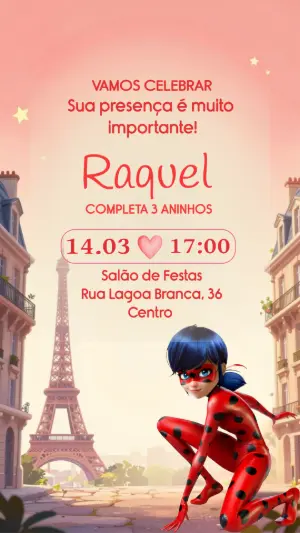 Convite de Aniversário Ladybug em Paris Modelo Editável