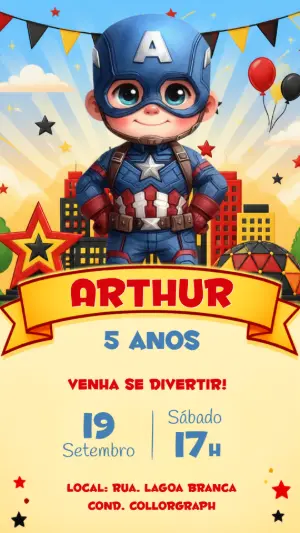 Convite de Aniversário Capitão América Infantil Editável