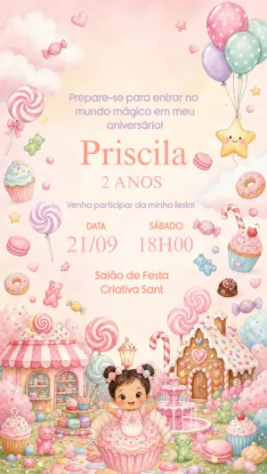 Convite de Aniversário Infantil Mundo dos Doces Editável