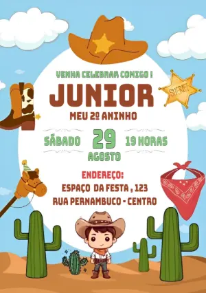 Convite de Aniversário Boiadeiro Country para Editar Online