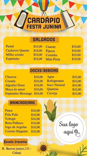 Cardápio Editável para Festa Junina Amarelo e Colorido