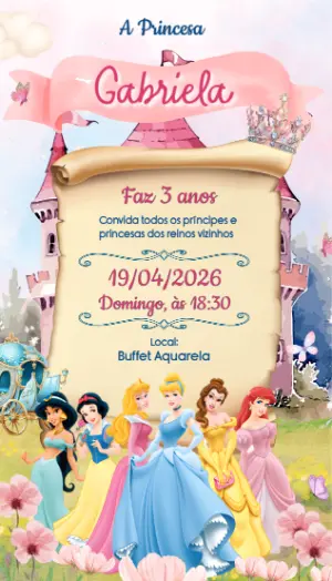 Convite de Aniversário Princesas Disney Editável com Castelo