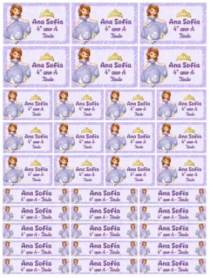Etiquetas Escolares Princesa Sofia Lilás Modelo Editável