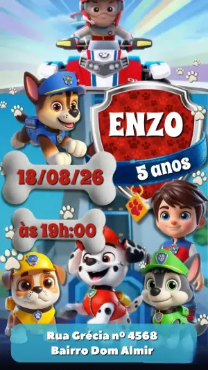 Convite Animado Aniversário Patrulha Canina Modelo Editável