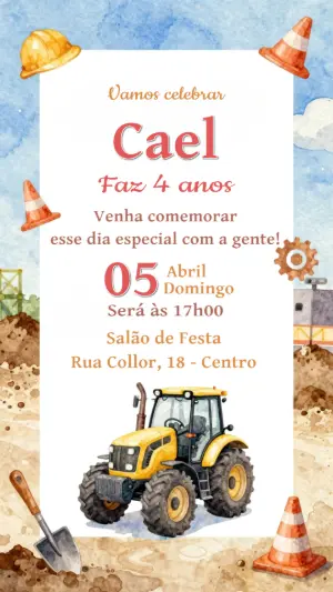 Convite Digital Infantil Tema Construção para Editar Online