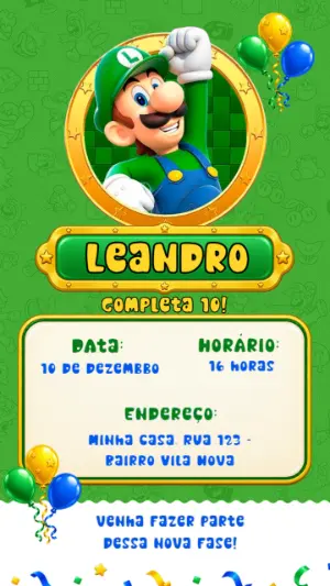 Convite Animado Luigi Falante do Super Mario para Editar