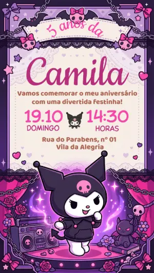 Convite de Aniversário Kuromi Roxo e Rosa para Editar