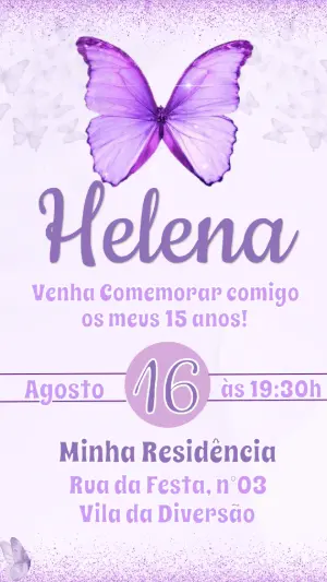 Convite de 15 anos Borboleta Roxa com Glitter para Editar