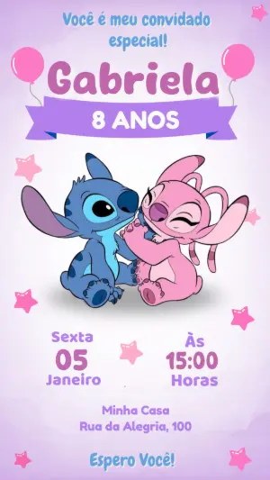 Convite de Aniversário Stitch e Angel para Editar Online