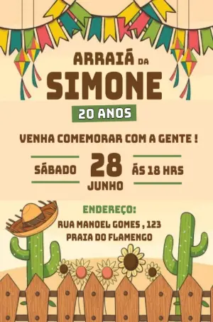 Convite Aniversário Festa Junina com Cactos para Editar Online