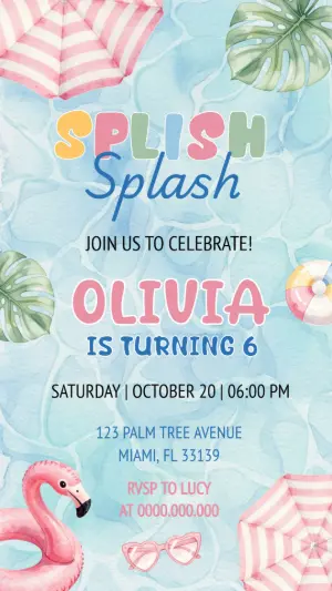 Editable Splish Splash Pool Party Birthday Invitation