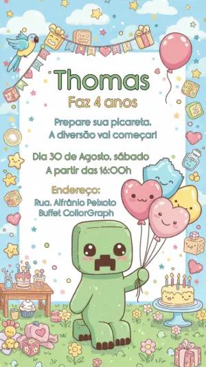Convite de Aniversário Minecraft Fofo para Editar Online
