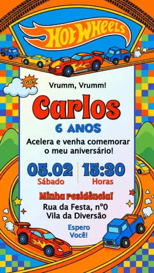 Convite de Aniversário Hot Wheels Carros Colorido para Editar