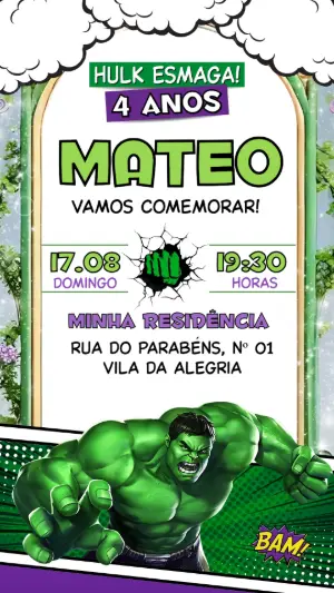 Convite de Aniversário do Hulk Editável para Festa Infantil