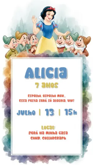 Convite Aniversário Branca de Neve com Sete Anões para Editar