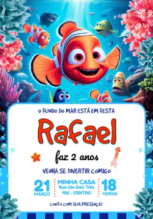 Convite de Aniversário Fundo do Mar Nemo Editável