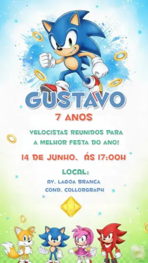 Convite de Aniversário Sonic para Editar | Modelo Digital Infantil