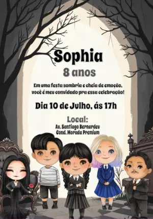 Convite de Aniversário Wandinha Addams com Personagens para Editar