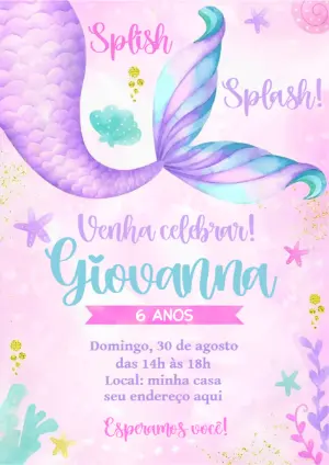 Convite de Aniversário Sereia Editável para Personalizar