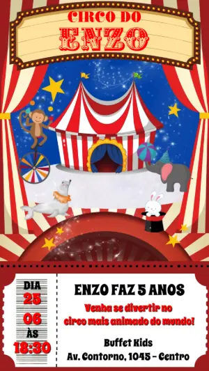 Convite Animado Aniversário Circo para Editar Online