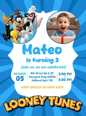 Editable Looney Tunes Birthday Invitation with Photo