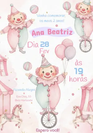 Convite de Aniversário Circo Rosa Aquarela para Editar