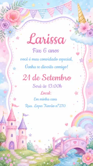 Convite de Aniversário Castelo de Unicórnio Editável