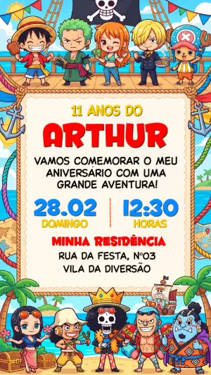 Convite de Aniversário One Piece Infantil para Editar