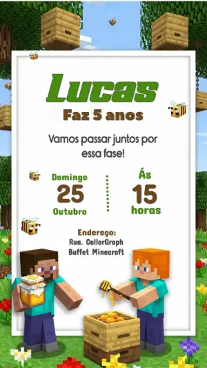 Convite Aniversário Minecraft Abelhas para Editar e Imprimir