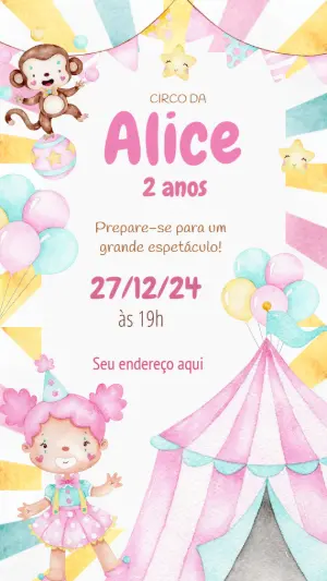 Convite Aniversário Circo Aquarela para Editar Online