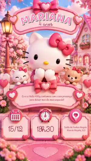 Convite de Aniversário Hello Kitty Rosa 3D para Editar