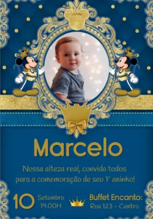 Convite Aniversário Mickey Realeza com Foto para Editar