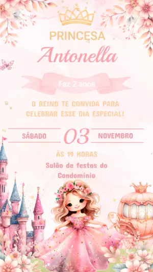 Convite de Aniversário Princesa Rosa Aquarela Editável