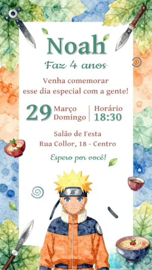 Convite de Aniversário Naruto Aquarela para Editar Online