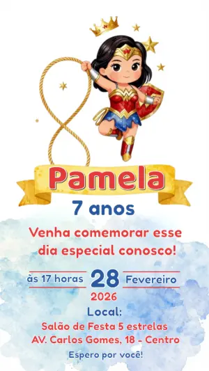 Convite Digital Mulher Maravilha Infantil para Editar