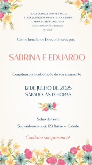 Convite de Casamento Floral Romântico para Editar Online