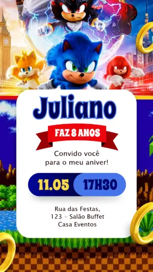 Convite de Aniversário Sonic Filme Modelo Digital para Editar