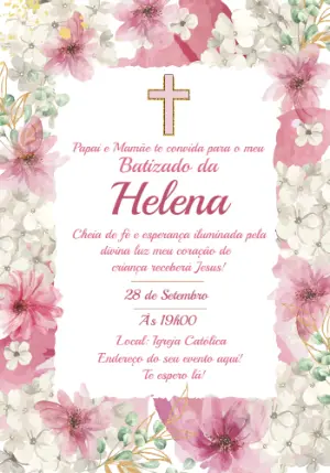 Convite de Batizado Menina Floral Rosa para Editar Online
