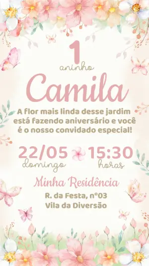 Convite de Aniversário Jardim das Borboletas Aquarela Editável