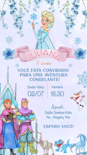 Convite de Aniversário Frozen com Personagens para Editar Online
