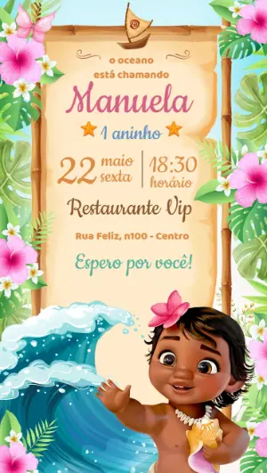Convite Aniversário Moana Baby para Editar Online