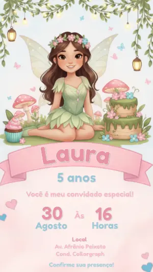 Convite Digital Aniversário Infantil Tema Fada Editável