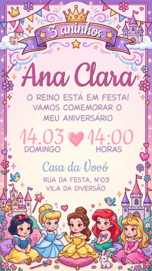 Invitación de cumpleaños Princesas – Estático – Convide aê!